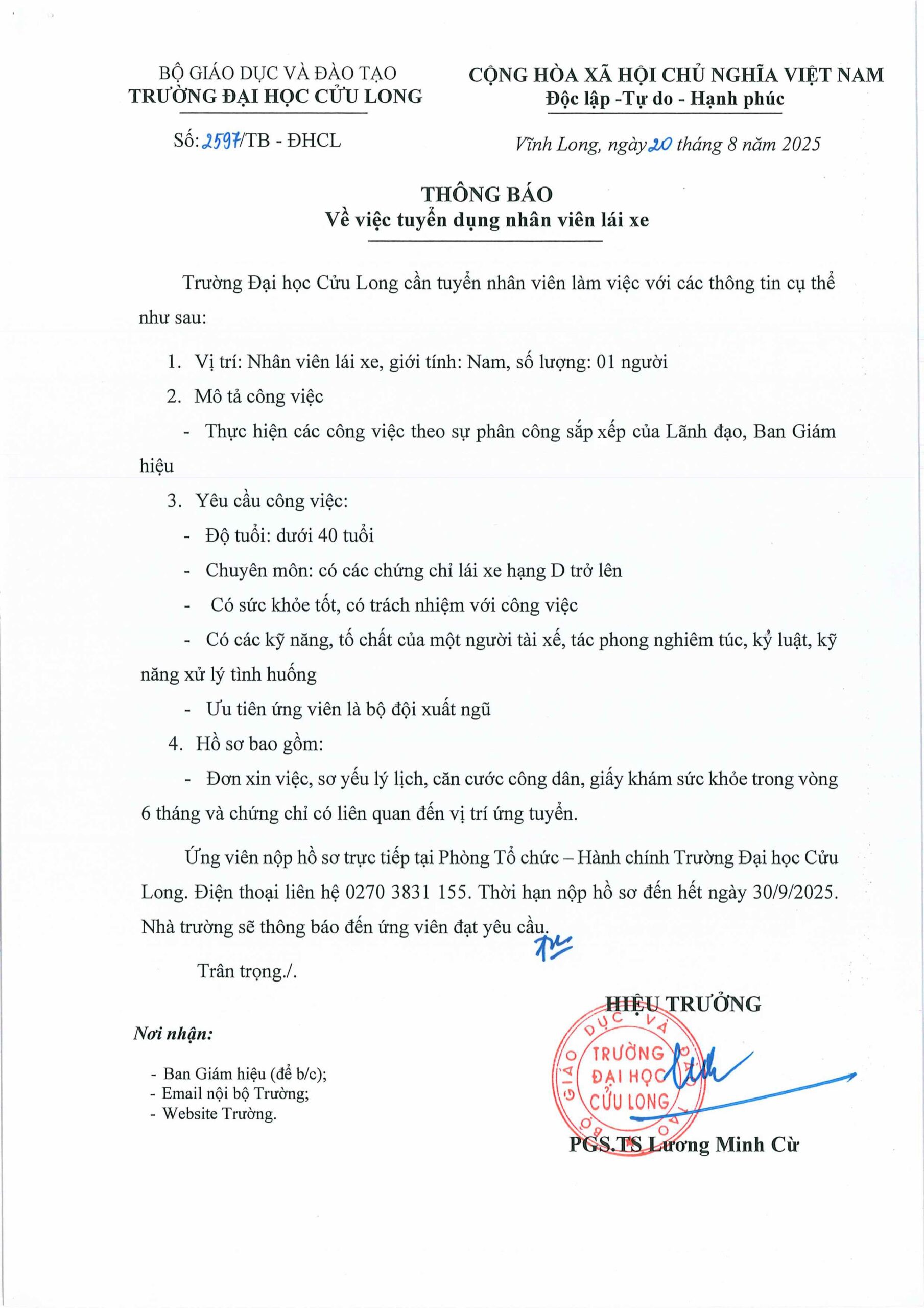 Thông báo tuyển dụng nhân viên lái xe
